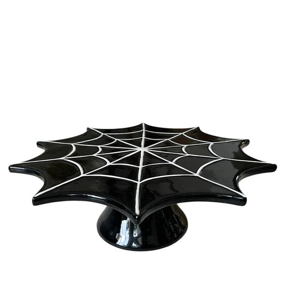 Hand Painted Halloween Spooky Spider Web Cake Stand 12" Ceramic Black White NEW - Picture 1 of 15